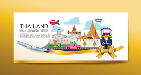 A Luxury Thailand travel, Vector travel destinations icon set, Ribbon, airplane, gold ribbon, graphic elements for traveling to Thailand.
