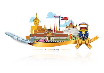 A Luxury Thailand travel, Vector travel destinations icon set, Ribbon, airplane, gold ribbon, graphic elements for traveling to Thailand.