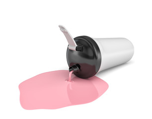 3d rendering of a white shaker with a black cap lying on its side and leaking pink milk on white background.