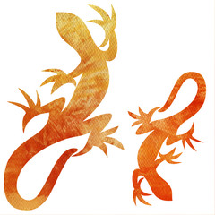 Decorative watercolor orange lizards reptiles isolated on white background, hand drawn abstract illustration wild animal suitable for tattoo, logo, mascot design template, scrapbook, page cover