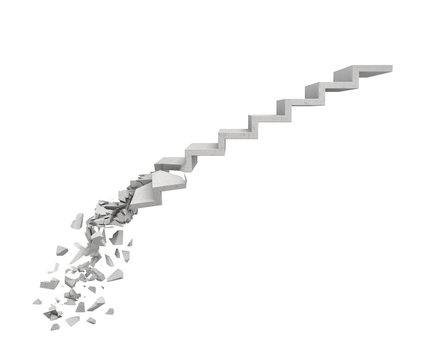 3d rendering of a long gray stone staircase with several steps broken on its base on white background.