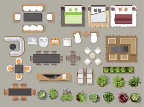 Interior icons top view, tree ,furniture, bed,sofa, armchair, for  architectural or landscape design, for map.vector illustration Stock ベクター |  Adobe Stock