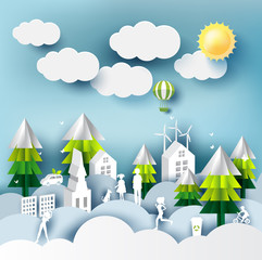 Green eco city and life paper art style, urban landscape and industrial factory buildings concept.vector illustration