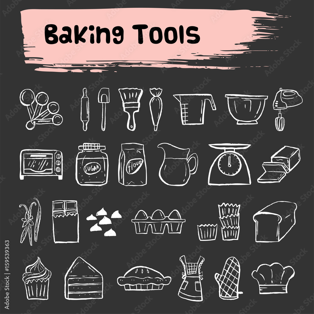 Wall mural baking tools doodle sketch icon set