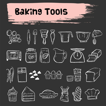 baking tools doodle sketch icon set