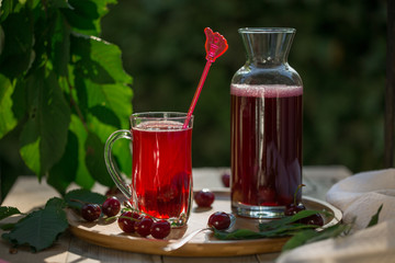 Homemade sour cherry compote in glass cup with jar on bamboo tray