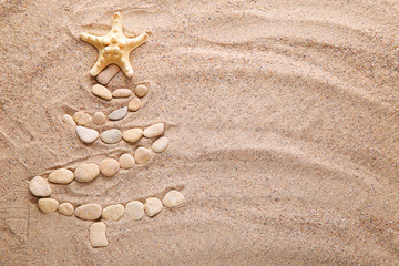 Fototapeta na wymiar Fir-tree by stone and starfish on beach sand