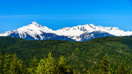 The Tantalus Mountain Range from a viewpoint along the Sea to Sky Highway between Squamish and...