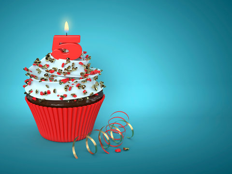 3d sweet cupcake with 5 candle over blue