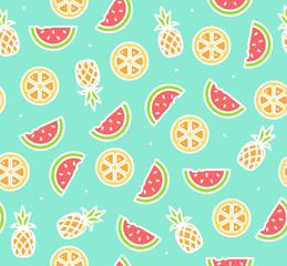 Watermelon, Pineapple and Orange Tropical Fruit Background Pattern. Vector