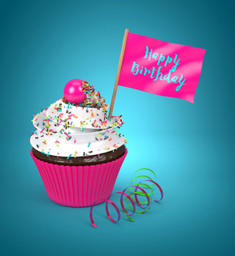 3d cupcake with happy birthday flag