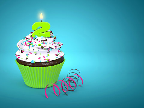 3d sweet cupcake with number 2 candle over blue