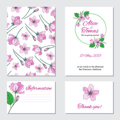Apple flower, leaf hand drawn isolated on white background, seamless vector floral pattern, pink sakura line art texture , decorative frame, design greeting card, wedding invitation, package cosmetic
