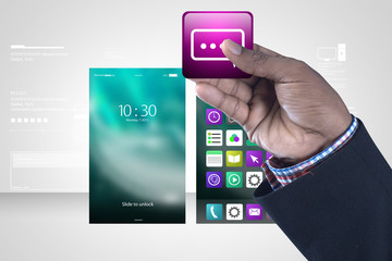 Man showing app icons with chat bubble