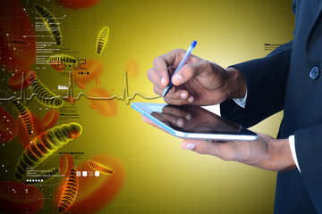 Man showing  dna and bacteria with digital tablet