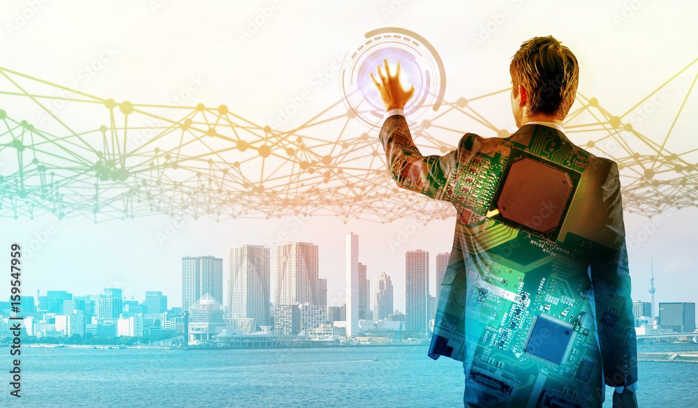 Poster business person back view and electronics technology concept. internet of things.
