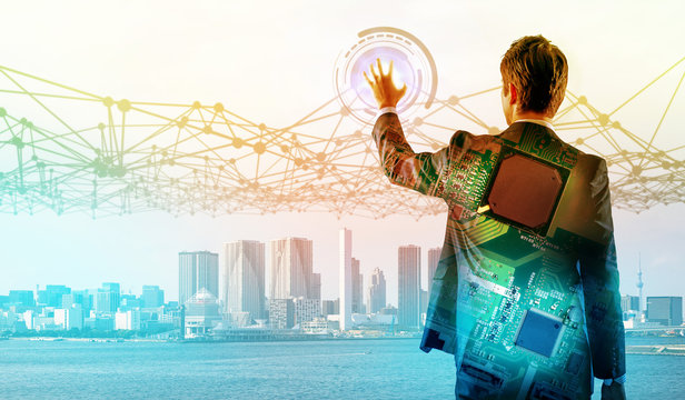 business person back view and electronics technology concept. Internet of Things.