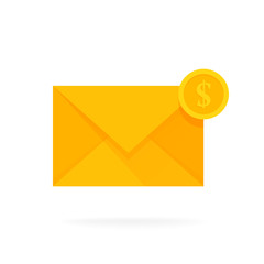 Mail envelope icon with dollar coins. Email send money concept vector illustration