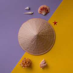 From above shot of Asian conic straw hat and beautiful seashells on colorful background. Square format. Top view. Flat lay.