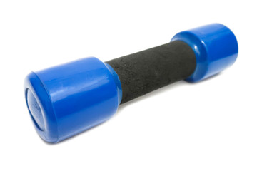 Blue dumbbell on white background