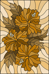 Illustration in stained glass style with flowers and leaves  of hibiscus ,tone brown, sepia