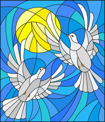 Fototapeta premium Illustration in stained glass style with a pair of white doves on the background of the daytime sky and clouds