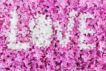Word love created from lilac flowers. Pink and white flowers.