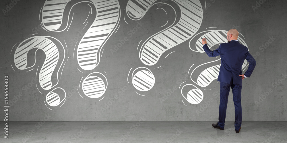 Poster businessman drawing a question mark sketch on a wall 3d rendering