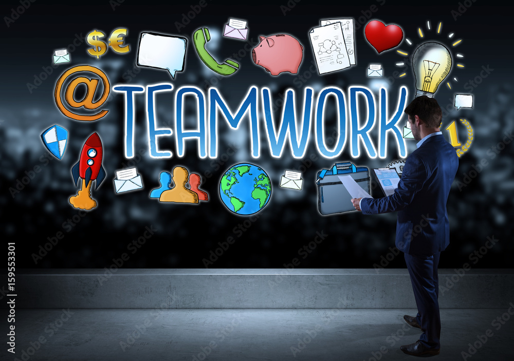 Poster businessman watching teamwork sketch on a rooftop 3d rendering