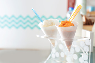 Delicious different ice cream in holder in cafe