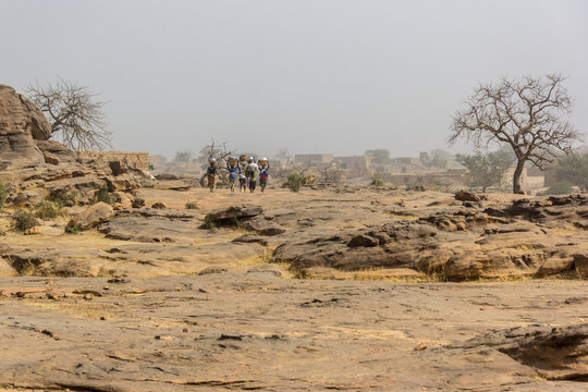 Dogon village women carry water from a well, Dogon Country, Mali