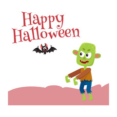 Happy Halloween greeting card, poster, banner design with bat and with little green zombie monster, cartoon vector illustration isolated on white background.