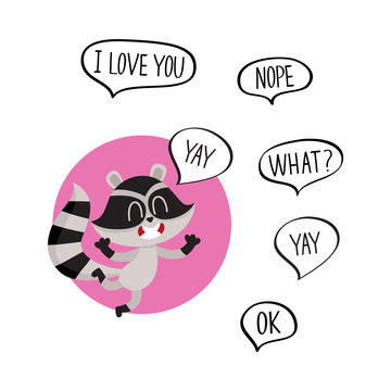 Cute raccoon character jumping from happiness with word Yay in speech bubble and additionally phrase, cartoon vector illustration isolated on white background. Sticker with happy little raccoon