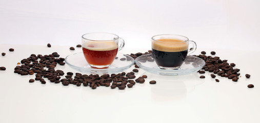 Coffee cup and beans on a white background.