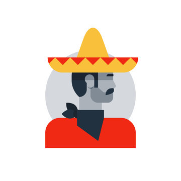 Mexican man in sombrero and poncho, side view turned head, brutal hero