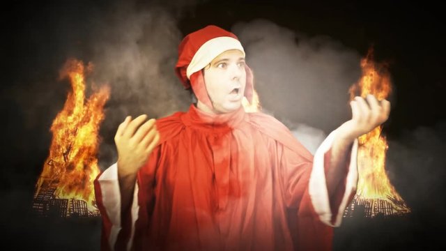 A man in Hell with burning fire and smoke clouds: it's Dante Alighieri, the 13th century Italian Poet (a dressed up actor). He looks austere and serious, though he's scared of the Inferno he is in.
