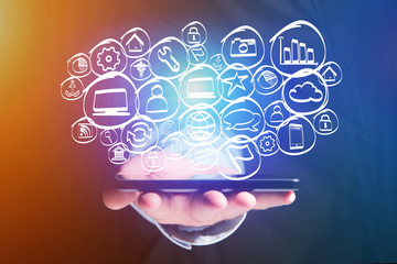 Technology hand drawn icon displayed on a  futuristic interface - multimedia concept concept