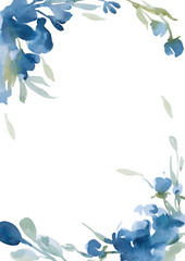 watercolor blue flowers with gray grass on white background for greetings card