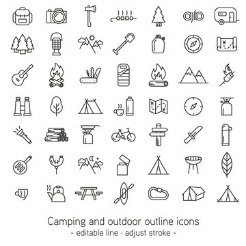 Camping and outdoor outline icons - editable line - adjust stroke -