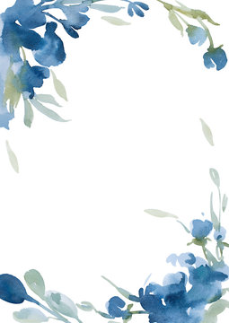 Watercolor Blue Flowers With Gray Grass On White Background For Greetings Card