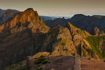 Madeira mountains landscape with sunrise or sunset