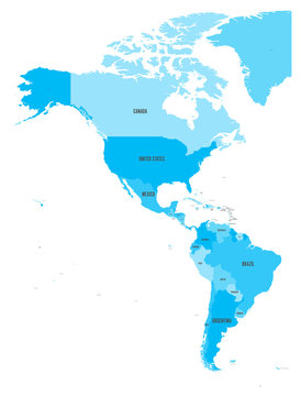 Political map of Americas in four shades of blue on white background. North and South America with country labels. Simple flat vector illustration.