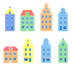 Colorful facade of burgher houses, Vector illustration isolated on white background, Representatives of european architectural styles, Design mansion, Cartoon style building, Make your perfect city