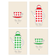 Cups and teapot vector cartoon illustration, Decorative frame, label, Stylish design for tea time, tea party invitation, greeting card, restaurant menu, template page, healthy magazines, cooking