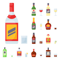 Alcohol drinks beverages cocktail bottle lager container drunk different glasses vector illustration.