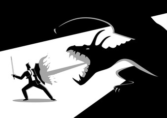 Businessman fighting a dragon