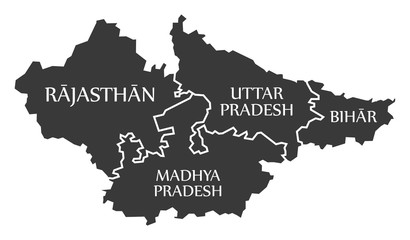 Rajasthan - Madhya Pradesh - Uttar Pradesh - Bihar Map Illustration of Indian states
