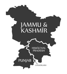 Jammu and Kashmir - Himachal Pradesh - Punjab - Chandigarh Map Illustration of Indian states