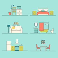Vector furniture of workplace, bedroom, living room, bathroom, kitchen and dining room