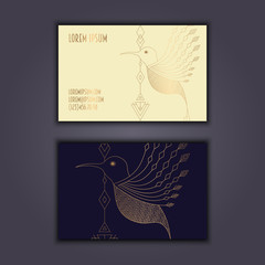 Vector vintage visiting card set. Glowing shiny geometric bird. Luxury design.